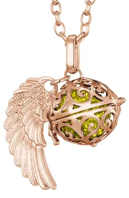 Produktbild von Morella Damen Halskette roségold Edelstahl 70 cm mit roségoldenem Anhänger Engelsflügel und Klangkugel Zirkonia gelb Ø 16 mm in Schmuckbeutel