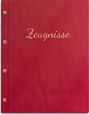 Produktbild von Zeugnismappe im roten Einband in Lederoptik, mit hochwertiger Beschriftung in gold – handgefertigte Mappe für Zeugnisse, Urkunden inkl. 12 Sichthüllen