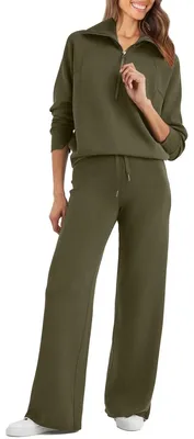 Productafbeelding van Huispak - Trainingspak - Loungeset - Sweatshirt met troyerkraag - Wijde broekspijpen - 2-delig Huispak dames Joggingpak Sweatpak