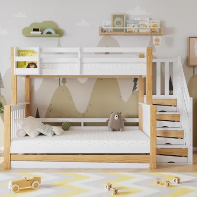 Imagen del producto de Cama nido de 90x200 o 120x200 cm, fabricada en pino, MDF y contrachapado, con cama abatible de 90x190 cm, barandilla de seguridad, escalera con espacio de almacenamiento y estantería, todo en color blanco natural