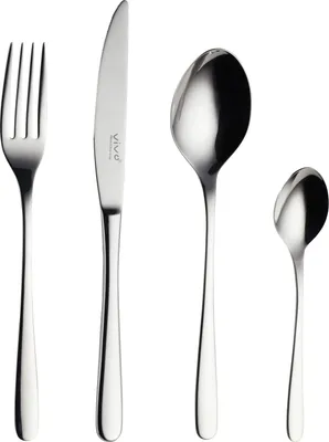 A set of four stainless steel cutlery items, including a fork, knife, tablespoon, and teaspoon, arranged in a line against a white background.