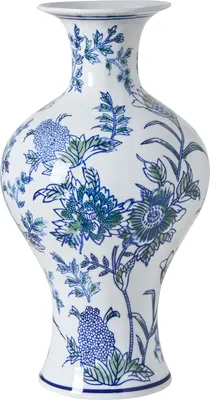 Produktbild von BELIANI Blumenvase Weiß u. Blau Porzellan 36 cm Hoch Groß Bauchig Handgemacht mit Blumenmuster Chinesische Vase Dekovase Keramikvase Bodenvase