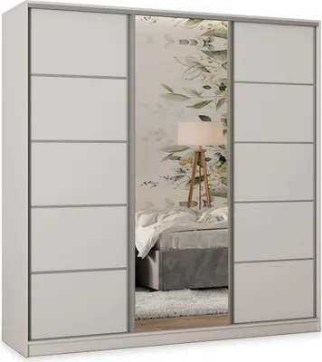 A white sliding door wardrobe with a mirrored center panel featuring a floral design.