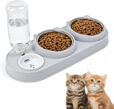 Produktbild von Katzennapf Futterstation mit Wasserspender, Edelstahlnäpfe, 15 Grad Neigung, für Haustiere