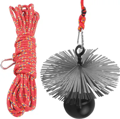 A coiled red rope with a carabiner clip and a chimney cleaning brush with a weighted ball.