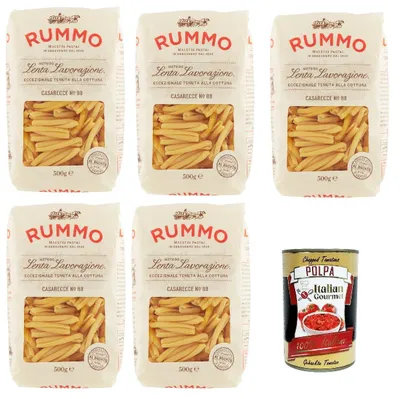 Produktbild von Rummo Casarecce n° 88 Pasta Lenta Lavorazione Teigwaren aus Hartweizengrieß Bronze-Zeichnung 5x 500g + Italian Gourmet polpa 400g