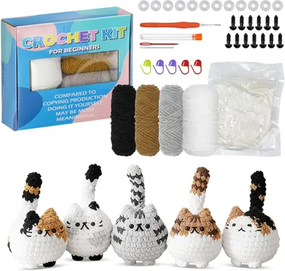 Image de Kit de crochet pour débutants, motif chat, comprenant 5 pièces, avec fil et crochet, idéal pour les loisirs créatifs