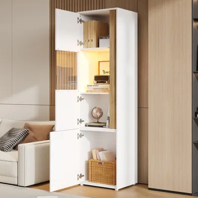 Produktbild von Vitrine 50x40x179 cm Weiß & Natur Hochschrank mit LED Beleuchtung schmaler Vitrinenschrank mit Acryltür Standvitrine Bücherschrank für Wohnzimmer