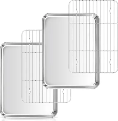Image de Herogo Plaque à pâtisserie avec grille de refroidissement Set plaque à gâteaux en acier inoxydable 2 plaques à pâtisserie 2 grilles de refroidissement 23,7x17,9 cm