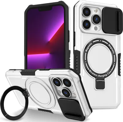 Produktbild von Handyhülle für iPhone 13 Pro Kompatibel mit MagSafe, Robuste Hülle mit Schiebe Kamera Schutz, Magnetischer Ringständer Weiß