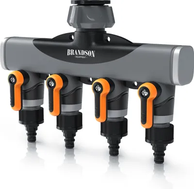 Produktbild von Brandson 4-Wege-Wasserverteiler, 4 separat regelbare Ausgänge, 3/4 Zoll, 1/2 Zoll Adapter, Schnellkupplungen, verstärkte Metallgewinde, wetterfest