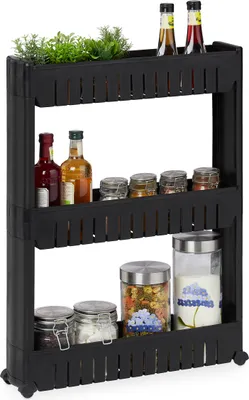 Image de Étagère de niche Relaxdays, 3 tablettes, étagère de niche étroite pour salle de bains et cuisine, L x P x H : 71 x 12,5 x 54 cm, étagère à roulettes en plastique, noire