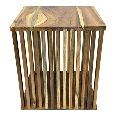 A wooden cube-shaped side table with vertical slats and a solid top, presented against a white background.