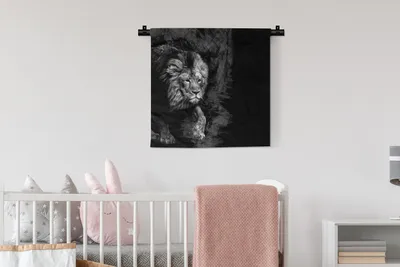 Produktbild von MuchoWow® Wandteppich Wandbehang Löwe - Tiere - Schwarz - Weiß 60x60 cm Tapisserie Dekoration Wandtuch - Dekorationen - Wand Decke