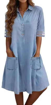 Imagen del producto de Vestido midi de mezclilla con mangas cortas y bolsillos