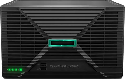 Produktbild von HPE ProLiant MicroServer Gen11, Xeon E-2414 (2.6GHz/4c/4t), 1x 16GB, Intel VROC SATA SW RAID, 4x NHP LFF Slots, 4x 1G RJ45, 2x PCIe LP Slots (1x PCIe 5.0 x16 & 1x PCIe 4.0 x8), ext.