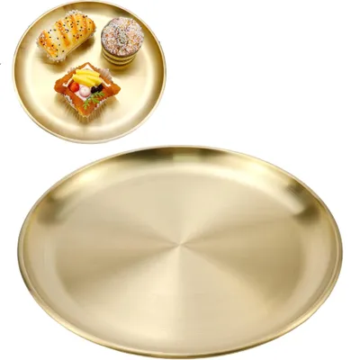 Produktbild von Edelstahl Rundes Tablett,20 cm Gold Runde Servierplatte,Sturzfest und leicht zu reinigen für Camping, Küche, Party,Zuhause,Esszimmer