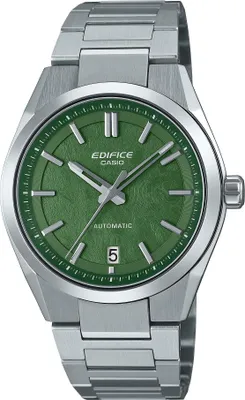 A close-up studio shot of a men's wristwatch with a green dial and a stainless steel bracelet.