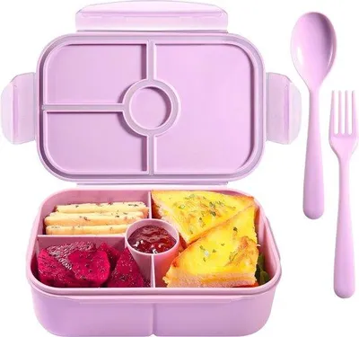 Produktbild von Lunchbox mit 4 Fächern, für Mikrowelle und Kühlschrank geeignet (inkl. Besteckset, Lichtlila)