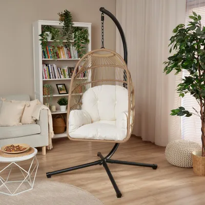 Produktbild von di volio Hängesessel mit Gestell Beluno beige, Hängestuhl für Indoor & Outdoor, inkl. Kissen, bis 150 kg belastbar, ideal für Garten, klappbar