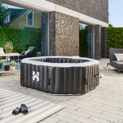 Produktbild von HOME DELUXE - Outdoor Whirlpool - Drop - Farbe: Schwarz, ⌀ 185 cm, Höhe 65 cm, 130 Luftdüsen - inkl. Abdeckung, Reparaturset, Filterset I Außen Whirlpool Spa für 6 Personen