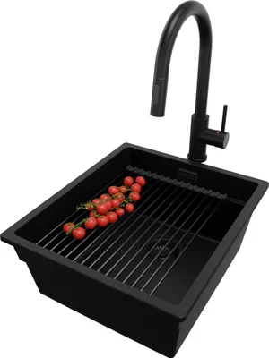 Produktbild von PRIMAGRAN Granitspüle Alles Schwarz 41x47cm, Spülbecken 1 Becken + Ablauf-Set + Küchenzubehörset, Küchenspüle ab 45er Unterschrank - Praga Slim