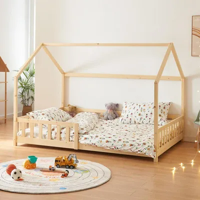 Obrázek produktu pro Dětská postel – Rám dětské postele – Borovice – Bezpečnostní zábradlí – Dětský domeček – 140x200 cm