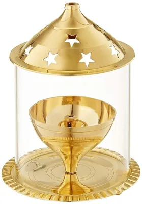 Image de Lampe à huile en laiton avec couvercle en verre pour Pooja