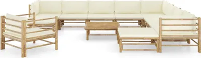 Produktbild von vidaXL 12-tlg. Garten-Lounge-Set mit Cremeweißen Kissen Bambus