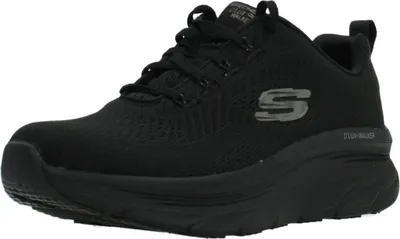 A black Skechers D'Lux Walker shoe is shown from the side against a white background.