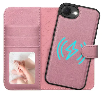 A pink wallet-style phone case for an iPhone, open to reveal card slots and a photo window with a baby's hands inside. The phone itself is attached to the case.