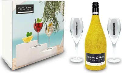 Produktbild von Scavi & Ray Bling Bling Gold Glitzer Giftbox Geschenkset - Scavi & Ray Prosecco Frizzante 0,75l (10% Vol) + 2x Prosecco Gläser -[Enthält Sulfite]