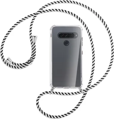 Produktbild von Handykette Backcover-Schutzhülle mit Band (Metall silberfarben) für LG G8S ThinQ - schwarz/weiß gestreift
