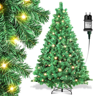 Zdjęcie produktu dla Sztuczne drzewko bożonarodzeniowe Eikuavons, wysokość 150 cm, z oświetleniem LED (200 diod, ciepła biel), w zestawie metalowa podstawa i 550 ozdób. Drzewko wykonane z PVC, kolor zielony