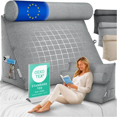 Zdjęcie produktu dla Poduszka pod plecy ELONEO z wyjmowanym wałkiem pod szyję i kieszenią boczną, poduszka pod plecy z pokrowcem nadającym się do prania