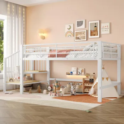 Produktbild von Halbhochbett Kinderbett mit Stauraumtreppe, MDF Metall, Weiß , 90 x 200 cm