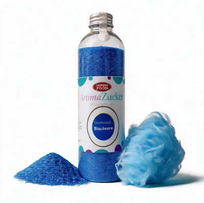 Zdjęcie produktu dla Cukier do waty cukrowej o smaku jagodowym, 230 g, bez AZO, butelka plastikowa