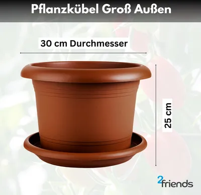 Produktbild von Centi 8er Pflanzkübel Set, Kunststoff, Terracotta, rund, modern, glatte Oberfläche, 30 cm Durchmesser, 25 cm Höhe, mit Untersetzer, frostsicher, pflegeleicht, wetterfest, für Innen- & Außenbereich, Blumen, Gemüse, Garten, Balkon, Terrasse