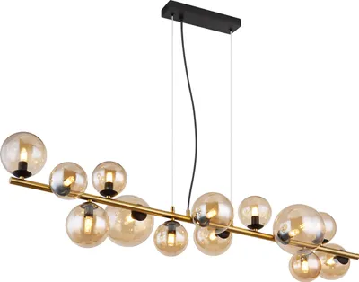 A modern chandelier with multiple glass globes.