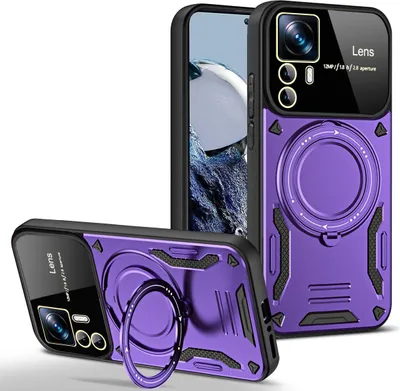 A product shot of a phone case with a ring holder, shown from two angles.
