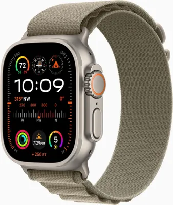 Produktbild von Apple Watch Ultra 2 GPS + Cellular 49 mm Titan mit olivgrünem Alpine Loop-Armband – Größe L
