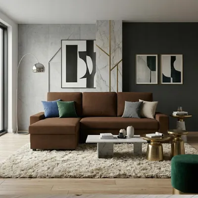 Produktbild von Komvortowy | Ecksofa 230 cm | VELVET | Ausziehbares Ecksofa für das Wohnzimmer | BRAUN | Ecksofa mit Schlaffunktion und Bettkasten | L-Form | Modern Eckcouch | Couch