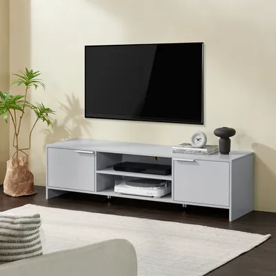 Zdjęcie produktu dla Stolik pod TV 'Stevns' z 2 otwartymi schowkami i 2 drzwiczkami 145 x 38 x 40 cm Jasnoszary