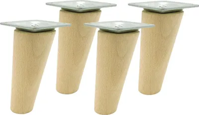 Four wooden furniture legs with metal mounting plates, arranged in a group against a white background.