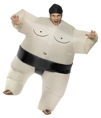Produktbild von Smiffys 34501 - Herren Aufblasbarer Sumoringer Kostüm, Bodysuit unf Kopfteil, One Size, weiß Halloween