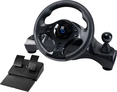 A gaming steering wheel, pedals, and gear shifter are shown against a white background.