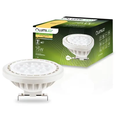 Produktbild von LUMILED LED-Leuchtmittel AR111 G53 Fassung 12V DC/AC 10W (Entspricht Halogen 75 Watt) Warmweiß 3000K 38° Abstrahlwinkel weiß 1055 Lm Ra>90 Kunststoff
