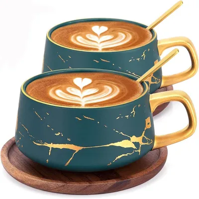 Productafbeelding van Cappuccinotassen, set van 2, met houten onderzetters, 300 ml, groen, keramiek