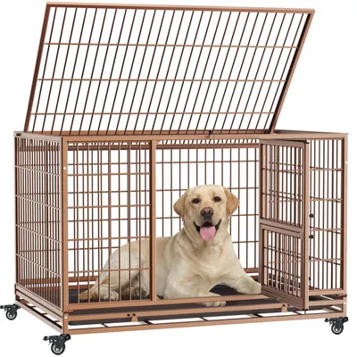 Productafbeelding van Hondenkooi, inklapbaar, met 3 deuren, 110x75x75 cm, bruin. Transportkooi met wielen en bodemplaat