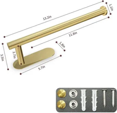 Imagen del producto de Soporte para toallas de papel de acero inoxidable SUS304, diseño Unyqoos®, color dorado, dimensiones 33,5 x 8,9 cm. Ideal para cocina y baño, se puede montar vertical u horizontalmente, con adhesivo o con tornillos